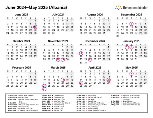 Calendar for 2024 in Albania