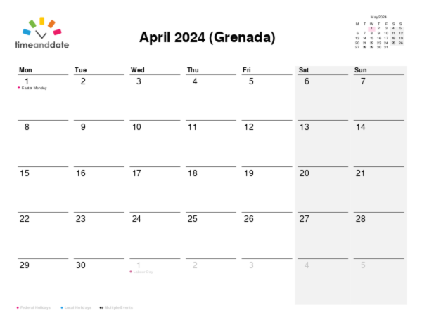 Calendar for 2024 in Grenada