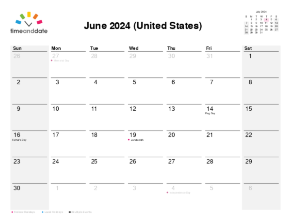 Calendar for 2024 in United States