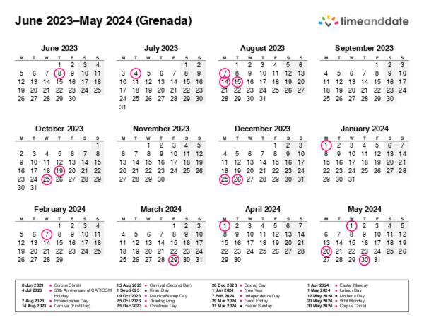 Calendar for 2023 in Grenada