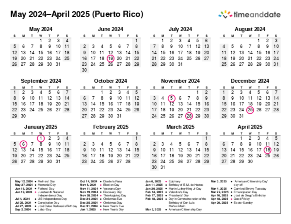 Calendar for 2024 in Puerto Rico