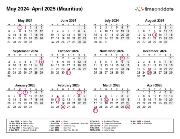 Calendar for 2024 in Mauritius