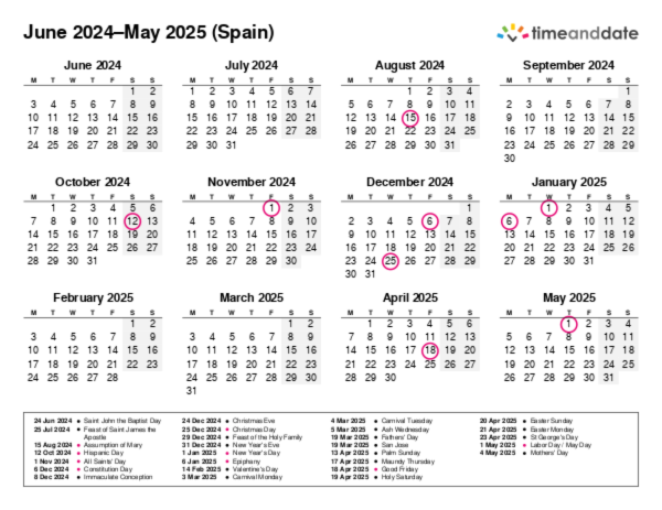 Calendar for 2024 in Spain