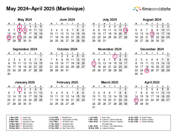 Calendar for 2024 in Martinique
