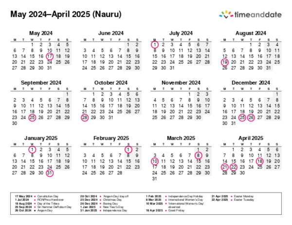 Calendar for 2024 in Nauru