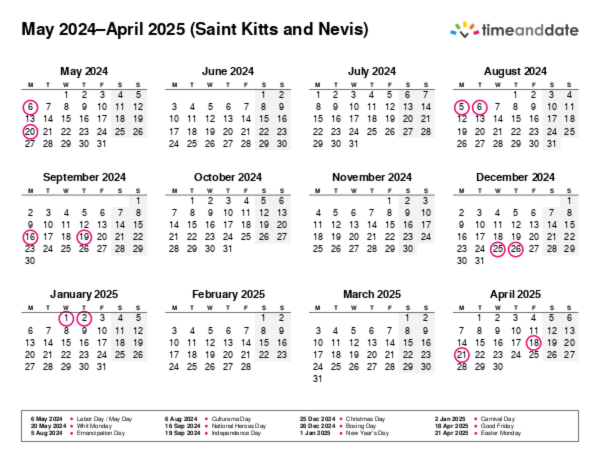 Calendar for 2024 in Saint Kitts and Nevis