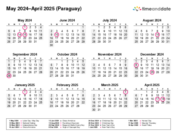 Calendar for 2024 in Paraguay