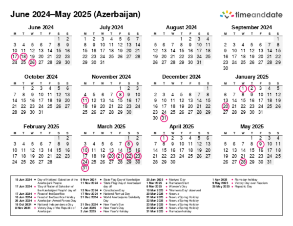 Calendar for 2024 in Azerbaijan