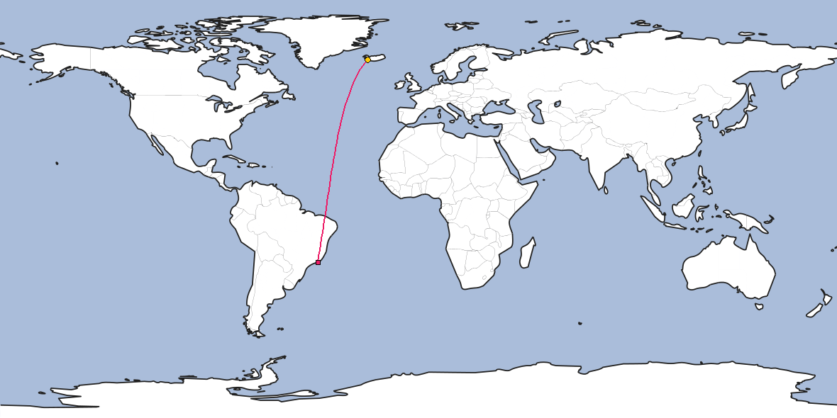 Map – Shortest path between Rio de Janeiro and Reykjavik