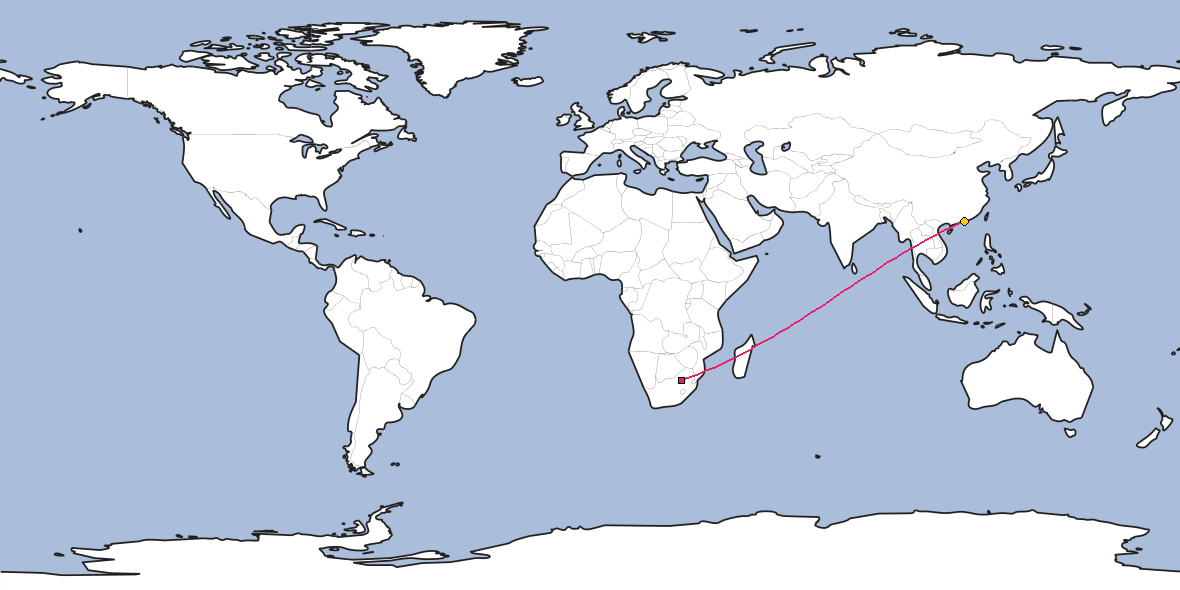 Map – Shortest path between Johannesburg and Hong Kong