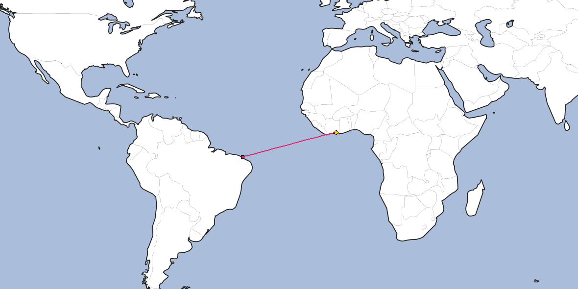 Map – Shortest path between Fortaleza and Abidjan