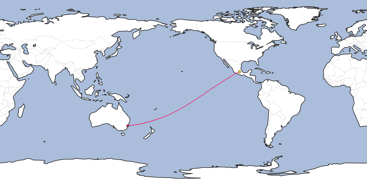Map – Shortest path between Sydney and Mexico City