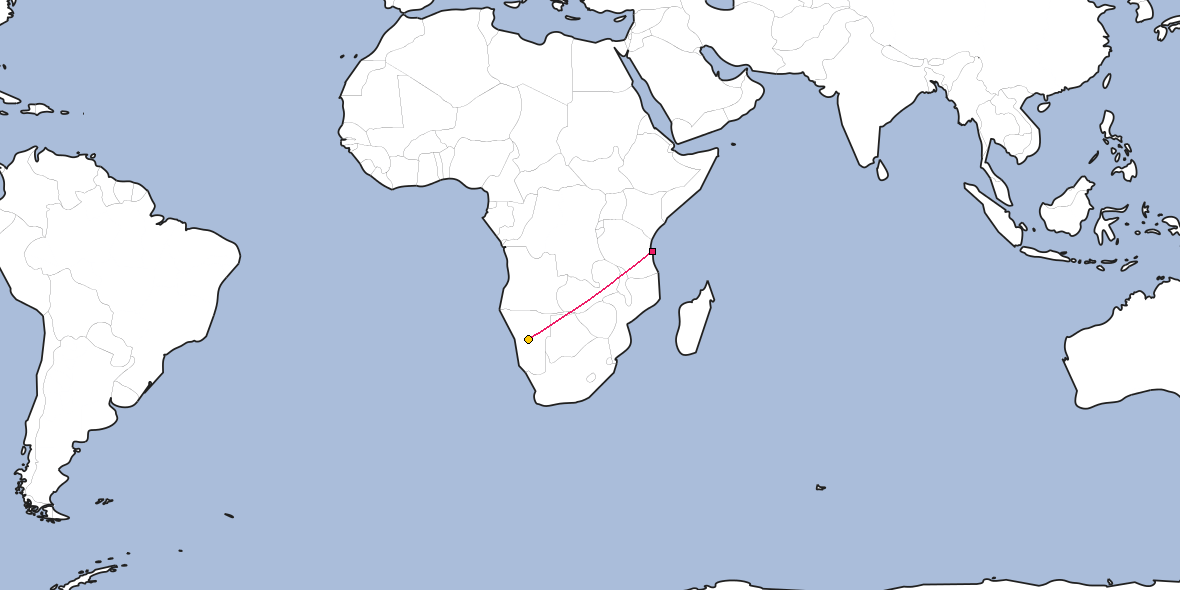 Map – Shortest path between Dar es Salaam and Windhoek