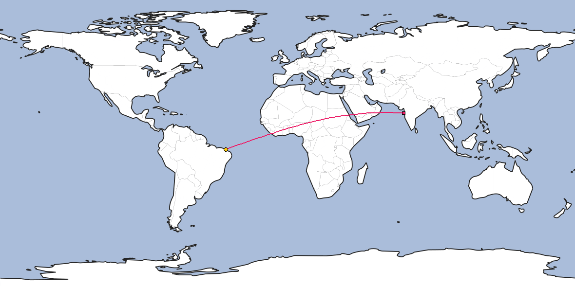Map – Shortest path between Mumbai and Fortaleza