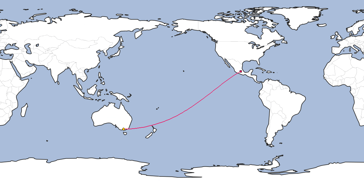 Map – Shortest path between Mexico City and Melbourne