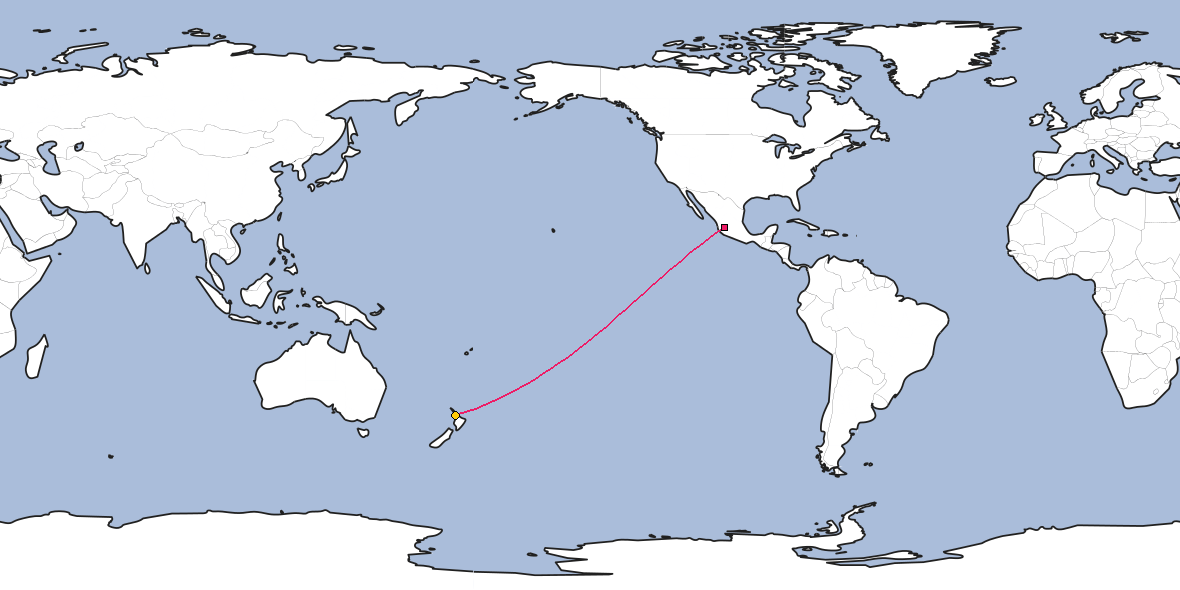 Map – Shortest path between Guadalajara and Auckland