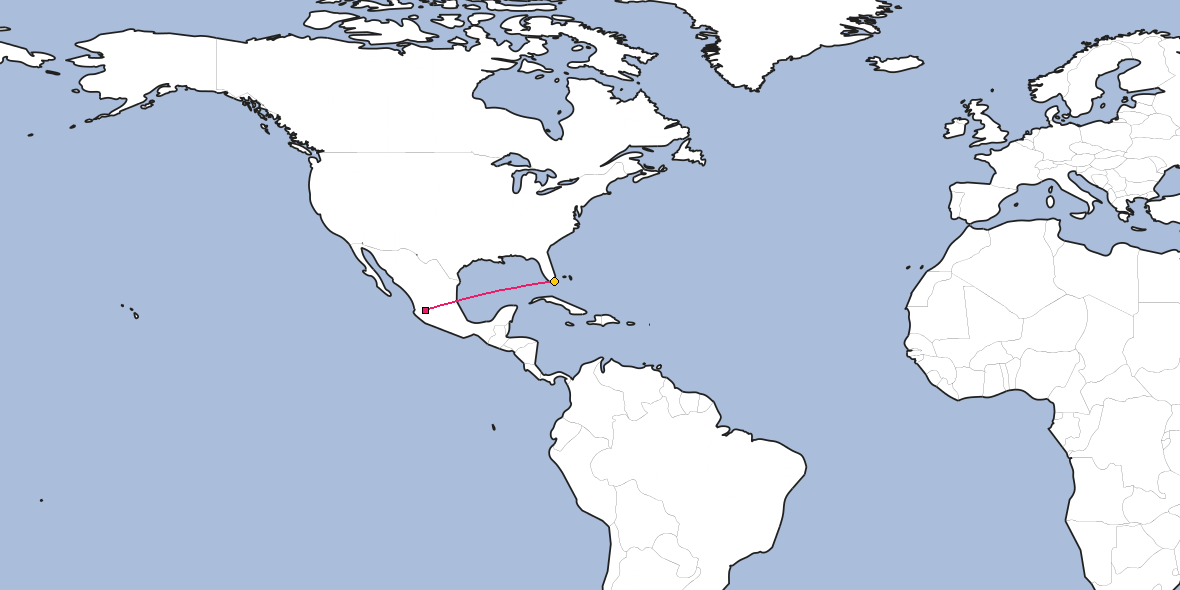 Map – Shortest path between Guadalajara and Miami