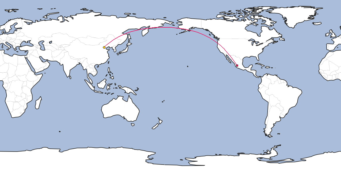 Map – Shortest path between Guadalajara and Beijing