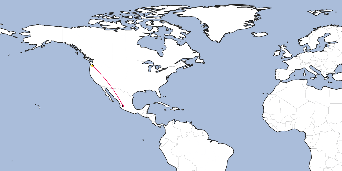 Map – Shortest path between Guadalajara and Vancouver