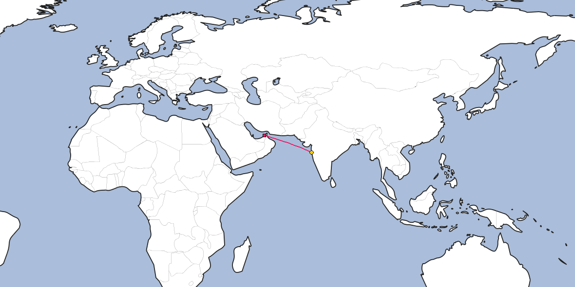 Map – Shortest path between Dubai and Mumbai