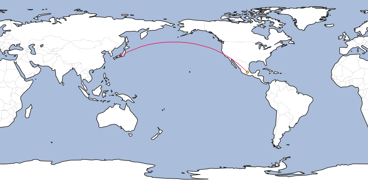 Map – Shortest path between Nagoya and Mexico City