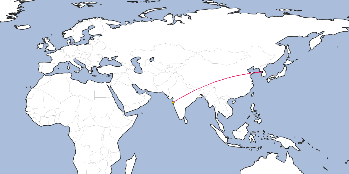 Map – Shortest path between Incheon and Mumbai