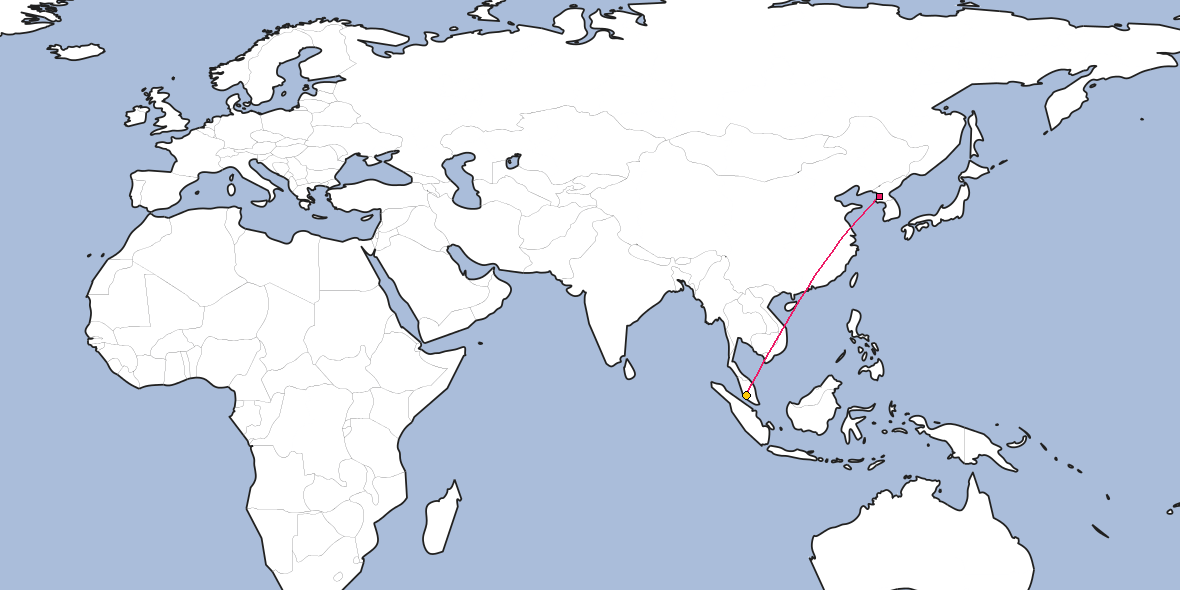Map – Shortest path between Pyongyang and Kuala Lumpur