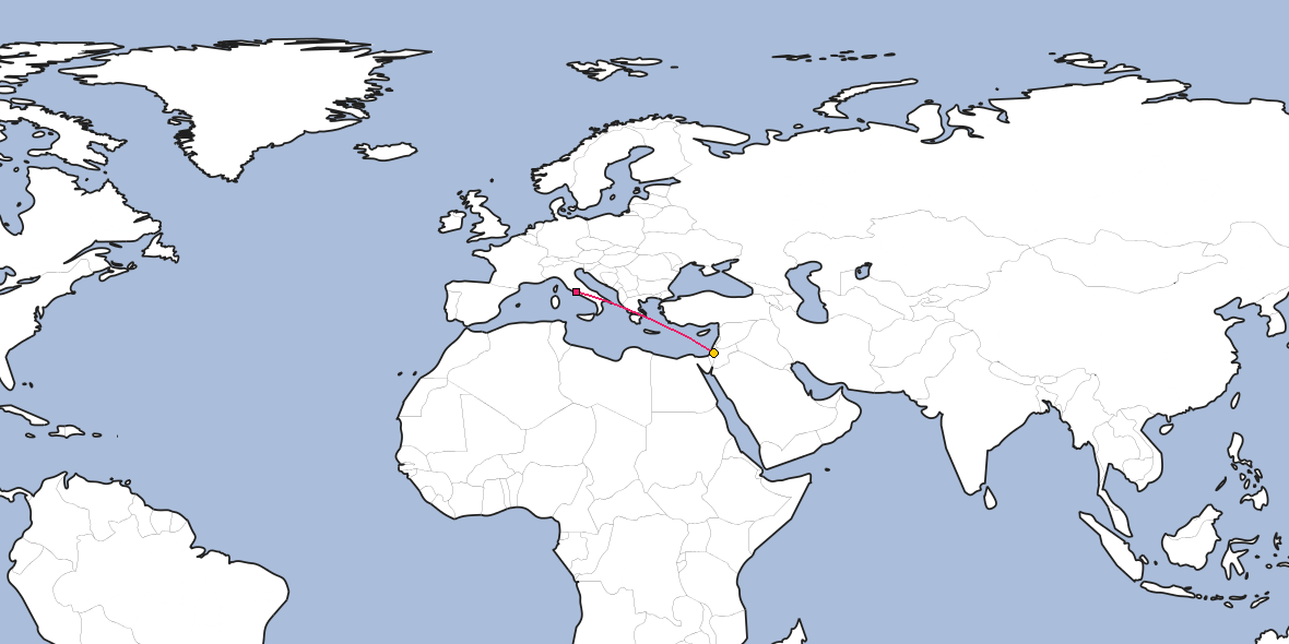 Map – Shortest path between Rome and Jerusalem