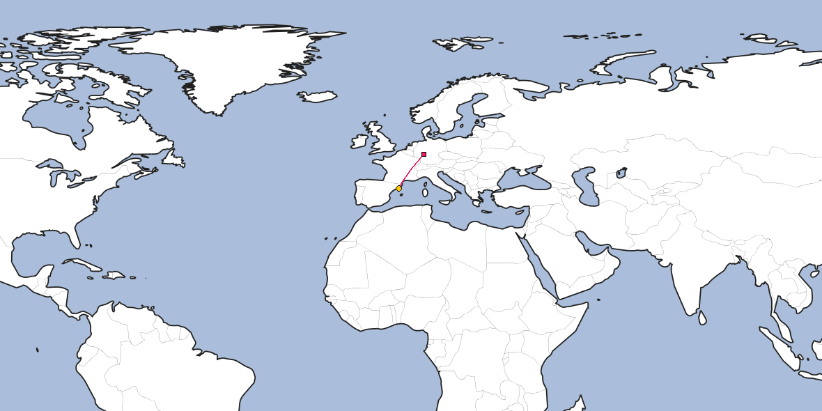 Map – Shortest path between Frankfurt and Barcelona