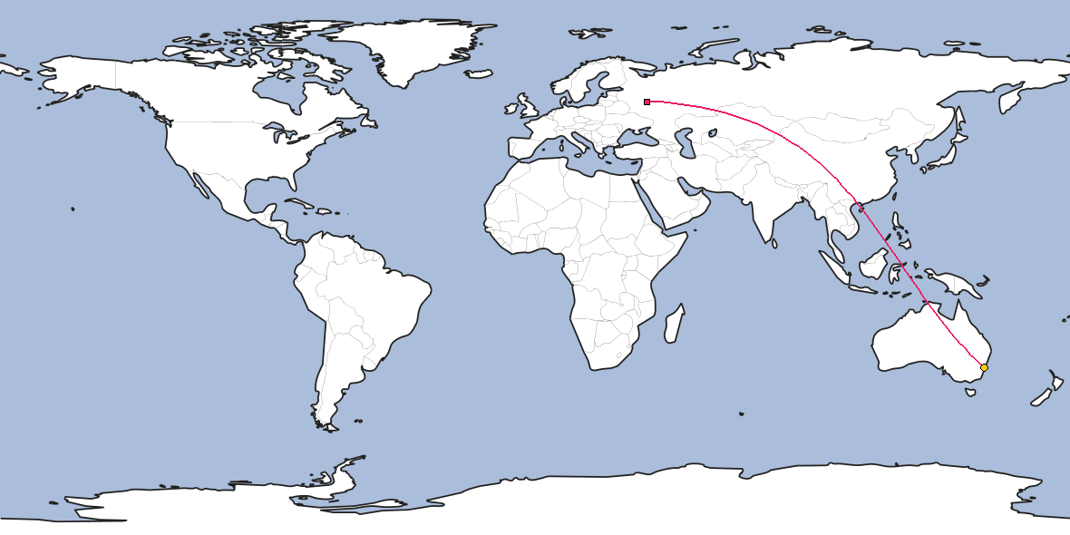 Map – Shortest path between Moscow and Sydney