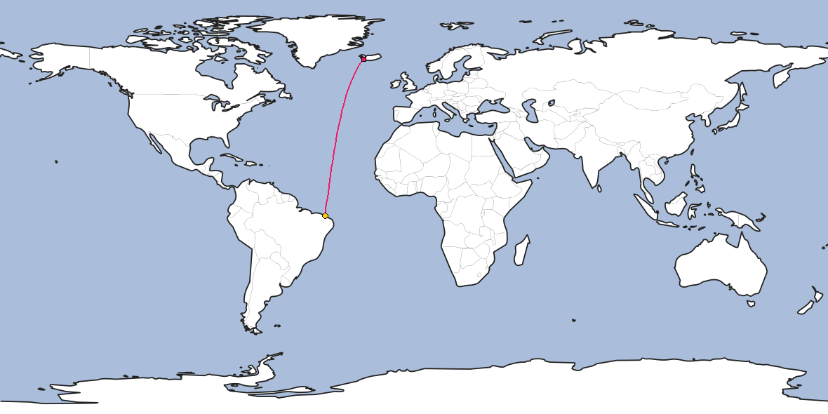 Map – Shortest path between Reykjavik and Fortaleza