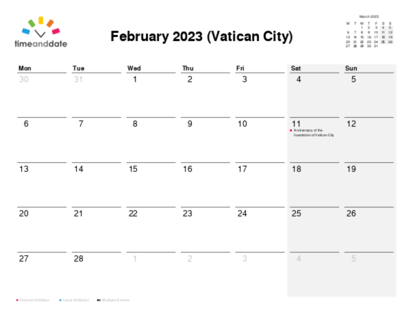 Calendar for 2023 in Vatican City