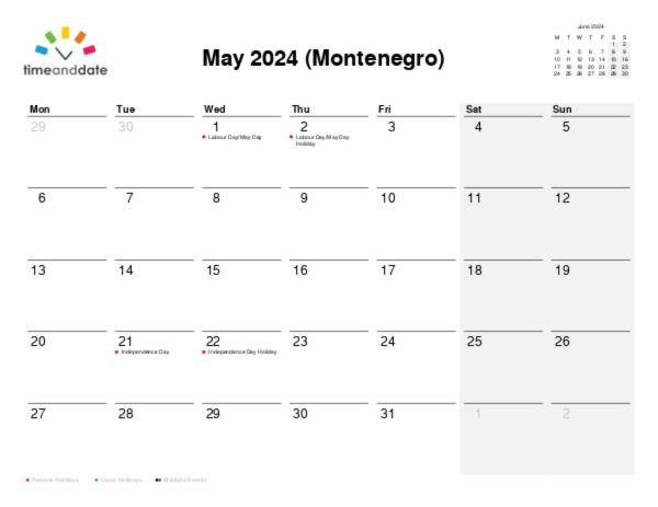 Calendar for 2024 in Montenegro