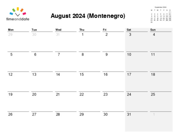 Calendar for 2024 in Montenegro