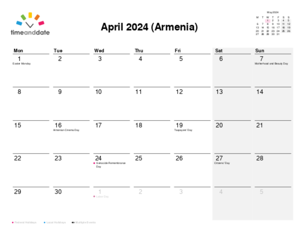 Calendar for 2024 in Armenia
