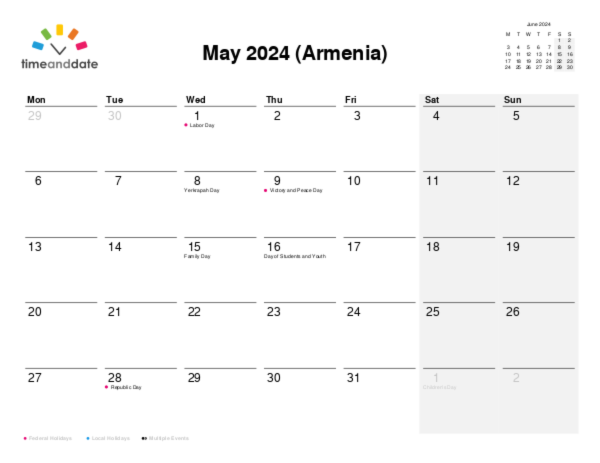 Calendar for 2024 in Armenia