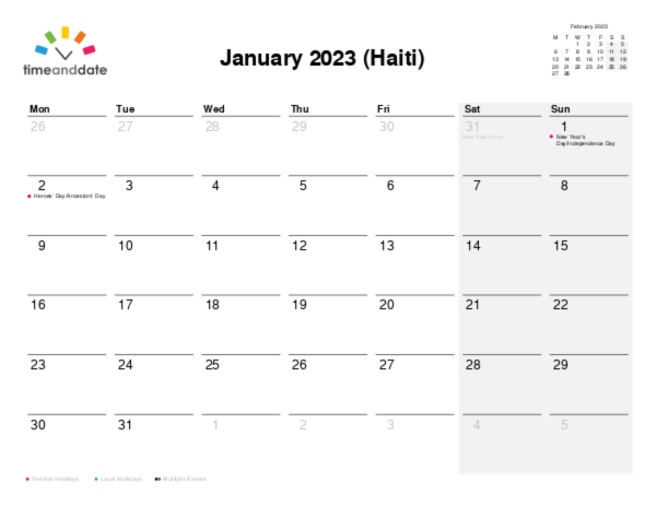 Calendar for 2023 in Haiti