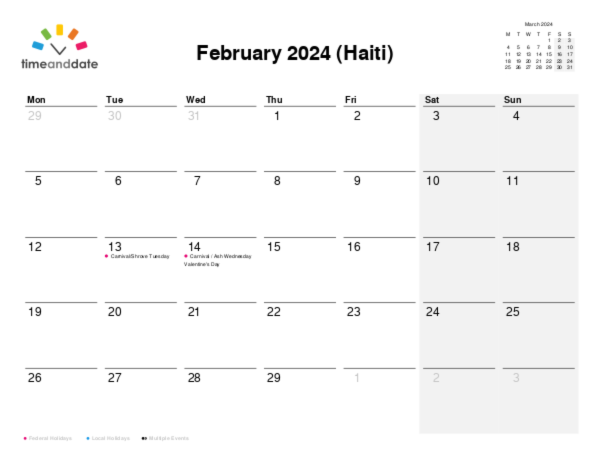 Calendar for 2024 in Haiti