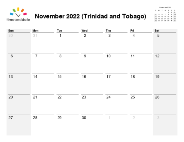 Calendar for 2022 in Trinidad and Tobago