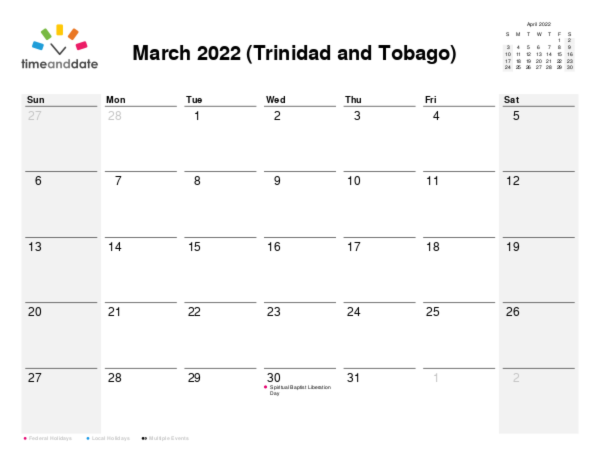 Printable Monthly Calendar — Trinidad And Tobago — March 2022