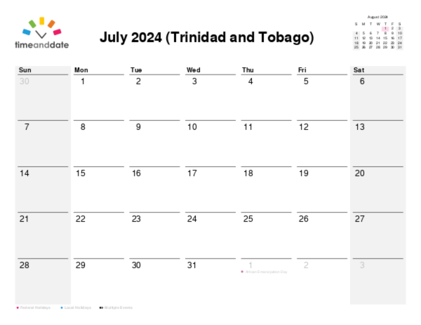 Calendar for 2024 in Trinidad and Tobago