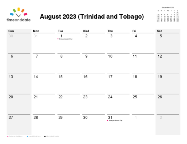Calendar for 2023 in Trinidad and Tobago