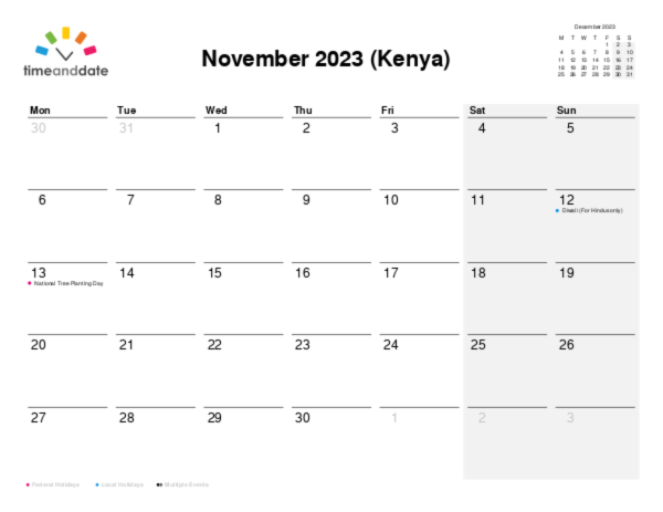 Calendar for 2023 in Kenya