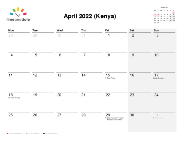 Calendar for 2022 in Kenya