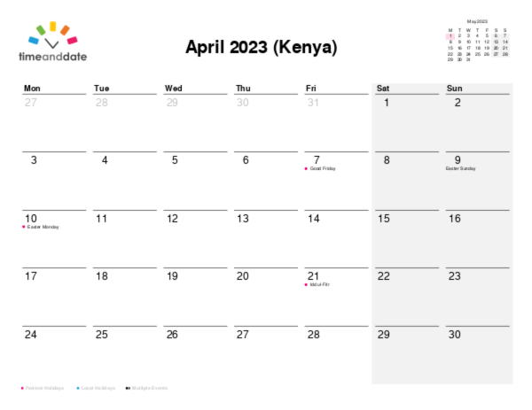 Calendar for 2023 in Kenya