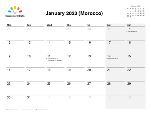 Calendar for 2023 in Morocco
