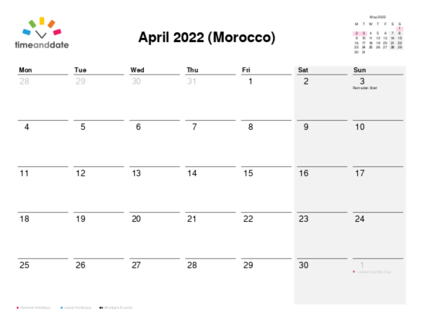 Calendar for 2022 in Morocco