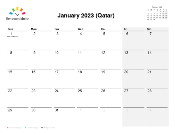 Calendar for 2023 in Qatar