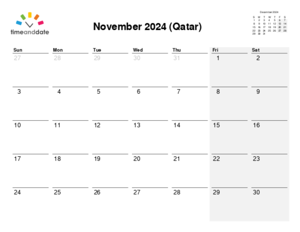Calendar for 2024 in Qatar