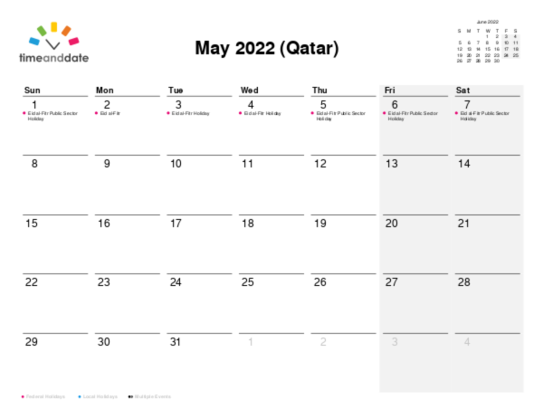 Calendar for 2022 in Qatar